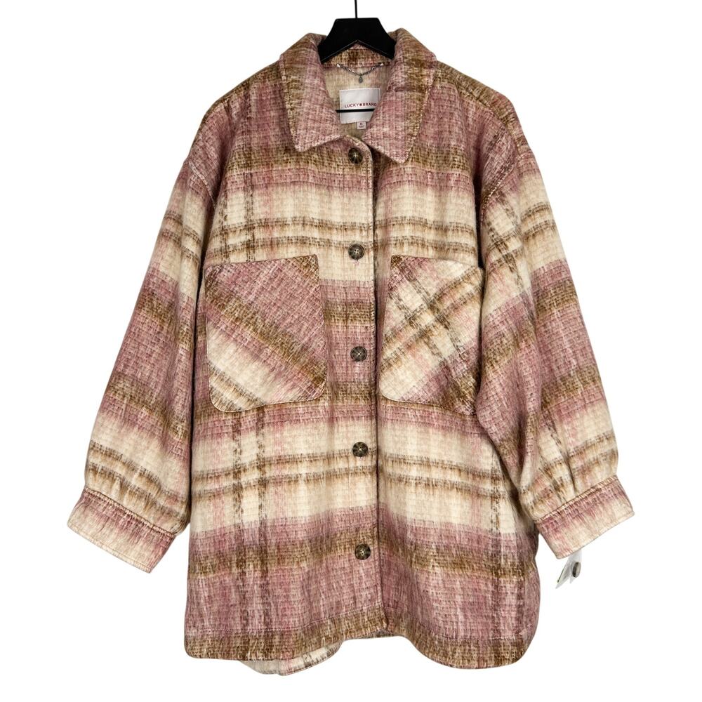 New Lucky Brand Women's Oversized Plaid Shirt Jacket Pink Beige $199 - XL